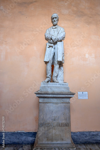 GENOA, ITALY, JANUARY 29, 2024 -The Statue of Giuseppe Mazzini inside Tursi Palace in the historic centre of Genoa, Italy
