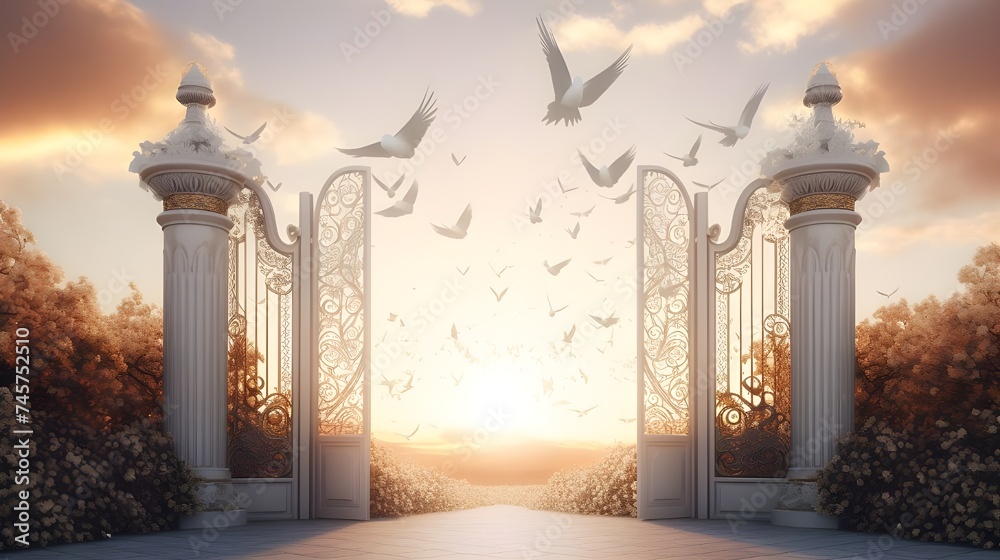 The gates of heaven that wait after death White - obrazy, fototapety, plakaty 