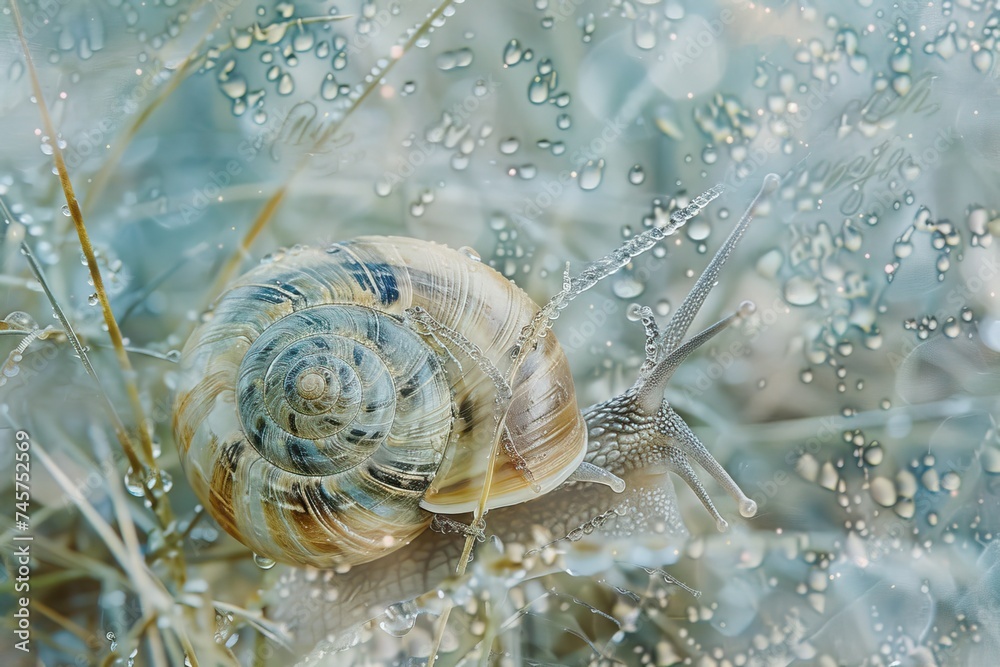 A close-up of a snail merged with the texture of dew-covered grass in a double exposure A close-up of a snail merged with the texture of dew-covered grass in a double exposure