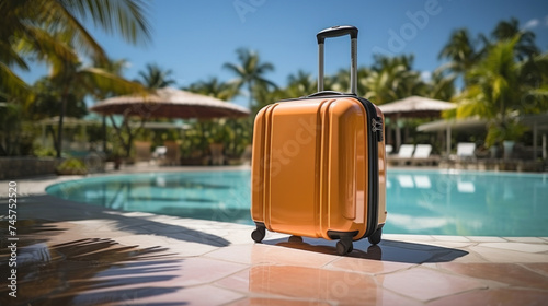 A big luggage suitcases beside resort swimming pool, Tourism summer concepts. © tong2530
