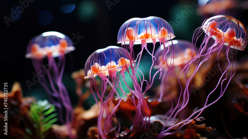 Beautiful of Glowing sea jellyfishes on dark background. © tong2530