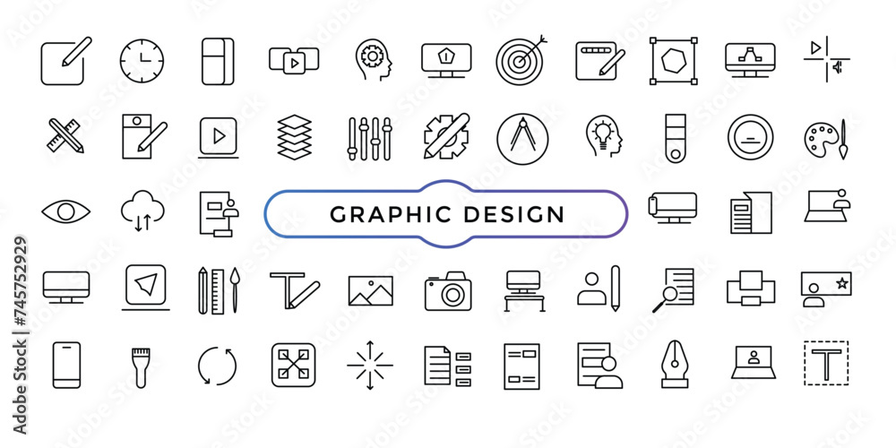 Set of thin line icons of graphic design. Simple linear icons in a modern style flat, Creative Process.