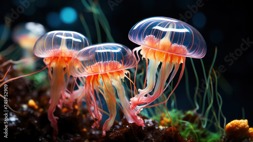 Beautiful of Glowing sea jellyfishes on dark background. © tong2530