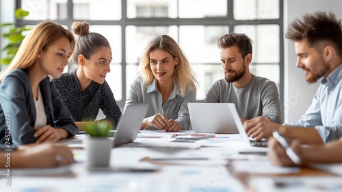 Business team working on a project in the office behind a table or reviewing and discussing a business project. IT workers in the office. Team concept. Work concept. Leaders concept. Business concept