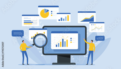 business team people working for data analytics research. and monitoring on the web report dashboard monitor. business finance investment planning design  flat vector illustration design concept
