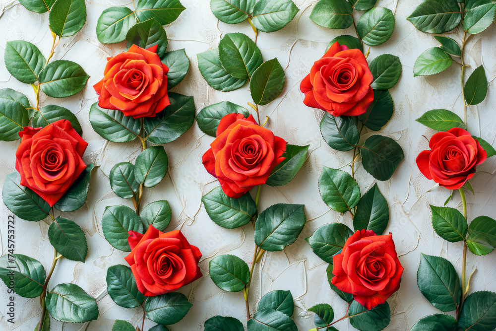 The roses are arranged on a flat surface giving a sense of geometric beauty. beautiful plant flowers.