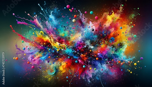 Vibrant explosion of colorful paint splatters against a dark background  resembling a cosmic burst.