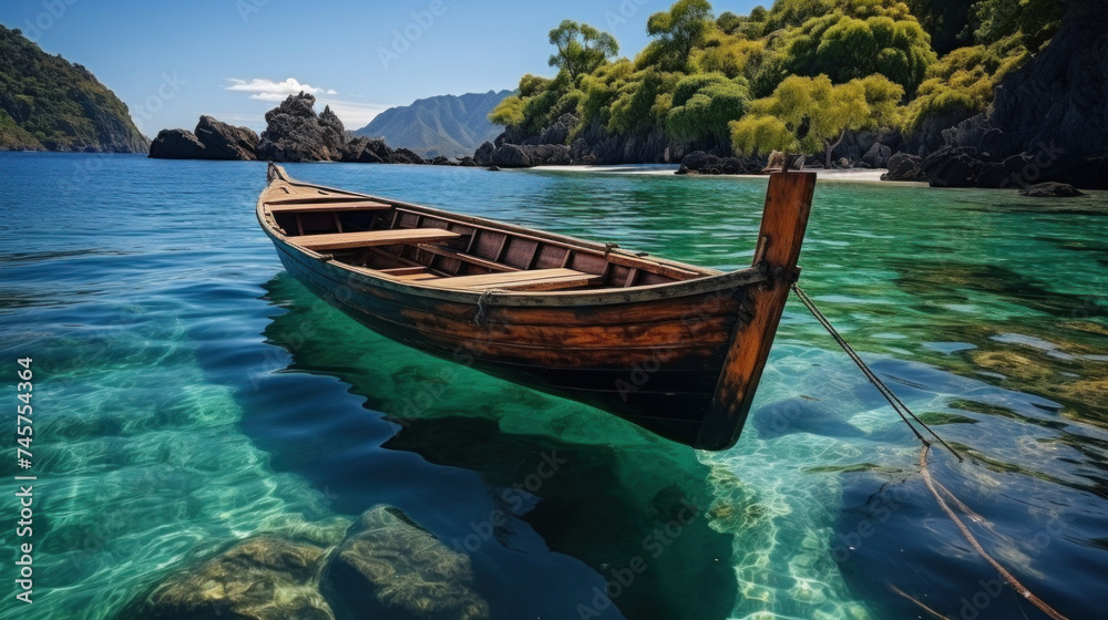 Panoramic of Thailand traditional wooden longtail boat on a small island beach. Travel concept