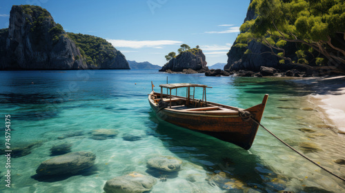 Panoramic of Thailand traditional wooden longtail boat on a small island beach. Travel concept © tong2530