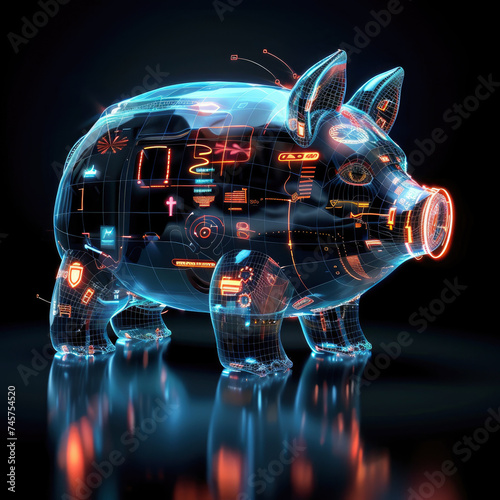Futuristic piggy bank with digital growth indicators symbolizing tech driven savings and investment
