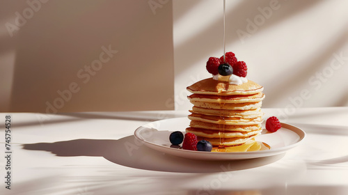 Stack of delicious pancakes with raspberries and blueberries, syrup flowing high above. Aesthetic kitchen. Generative AI photo