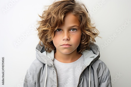 portrait of a cute little boy in a gray jacket on a white background