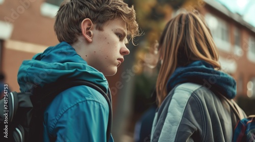 Unhappy love high school students boy and girl with boy loving girl and she is not near the school outdoors