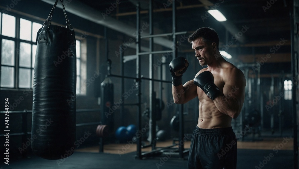 Boxer training in retro gym. Fitness, recreation and healthy lifestyle concept. Martial arts and fighting sports idea. Copy space. Boxer training in retro gym. Fitness, recreation and healthy lifestyle concept. Martial arts and fighting sports idea. Copy space.