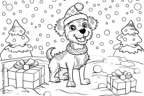 Coloring page for kids, dog in holidays, cartoon style, low detail, thick lines, no shading. photo