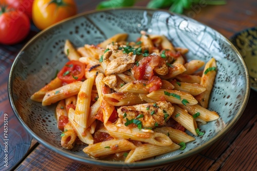 Penne pasta in tomato sauce with chicken and tomatoes on a wooden table.
