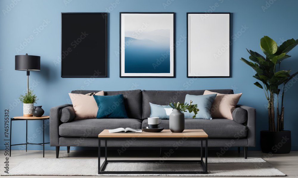 living room interior with mock up poster frame,