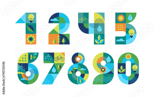 Ecology, green, environmental numbers with icons of sustainability. Geometric modern style. Concept set of numbers