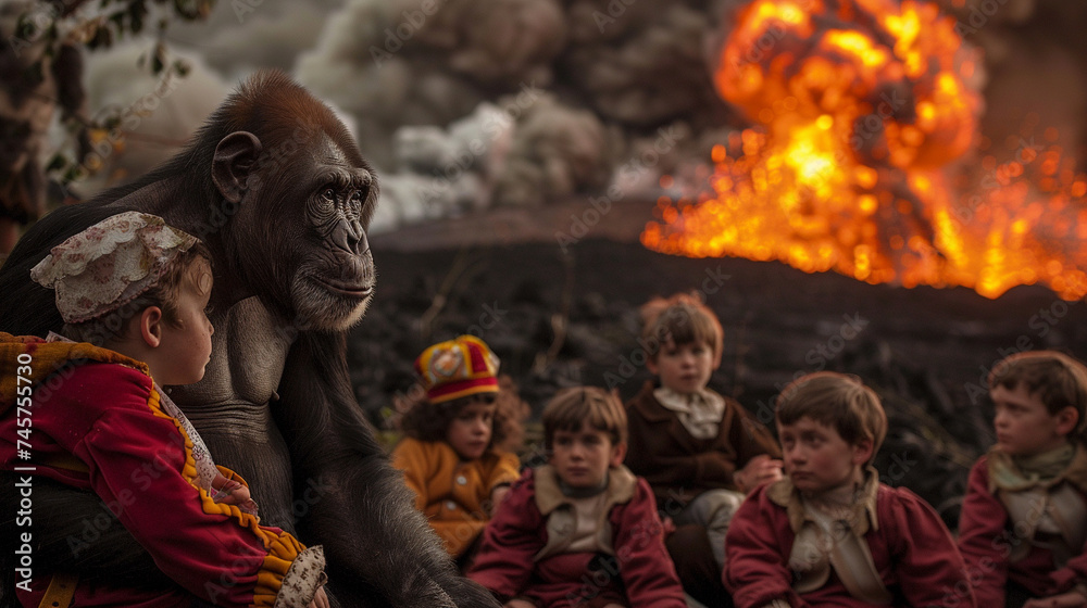 Children in Renaissance attire alongside a wise chimpanzee observing volcanic eruptions learning the secrets of nature