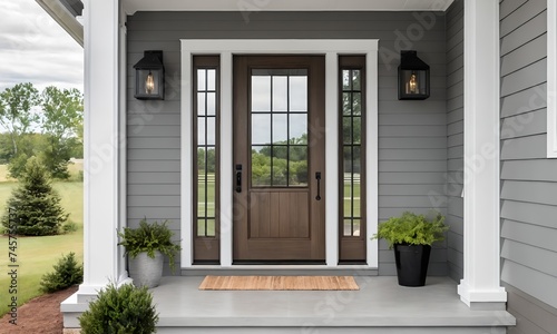 A grey modern farmhouse front door with a covered porch,