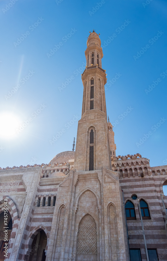 Beautiful Al Mustafa Mosque in Old Town of Sharm El Sheikh in Egypt, at sunset