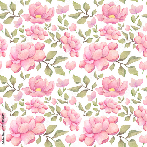 watercolor botanical seamless pattern. Hand Drawn dusty roses, soft blush peony, tree branches background for wrappers, romantic wallpapers, postcards, greeting cards, wedding invitations © Kisandaya