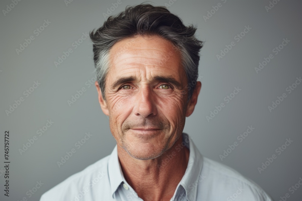 Portrait of a handsome mature man looking at camera with a serious expression, on grey background