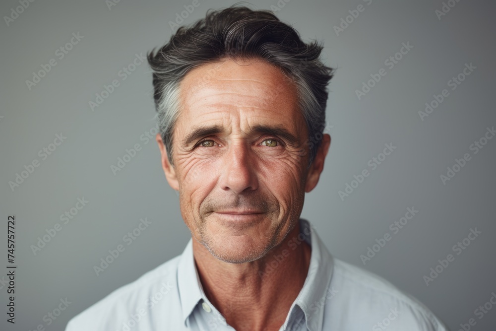 Portrait of a handsome mature man looking at camera with a serious expression, on grey background Portrait of a handsome mature man looking at camera with a serious expression, on grey background