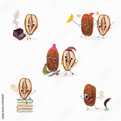 Cute cartoon dates, date fruit characters set, collection. Flat vector illustration. Activities, playing musical instruments, sports, funny fruits.