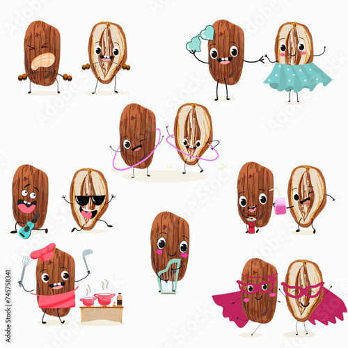 Cute cartoon dates, date fruit characters set, collection. Flat vector illustration. Activities, playing musical instruments, sports, funny fruits.