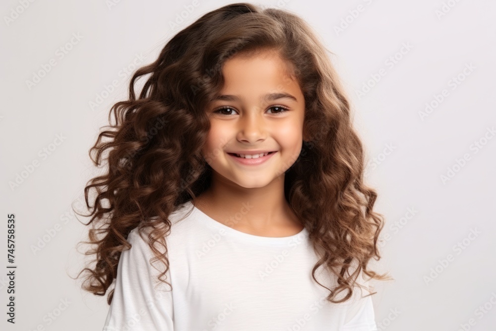 Portrait of a cute little girl with long curly hair on grey background Portrait of a cute little girl with long curly hair on grey background