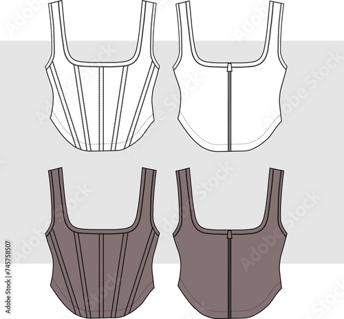women corset crop top. Vector cropped top technical fashion illustration, Flat apparel template front and back. 