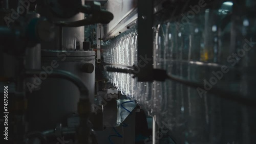 No people side footage of empty plastic bottles moving along overhead conveyor at bottled water production plant photo