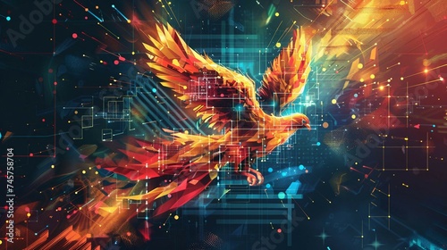 an illustration of a digital phoenix rising from pixelated ashes, incorporating security symbols in its feathers, representing the resilience and regeneration of data security measures. photo