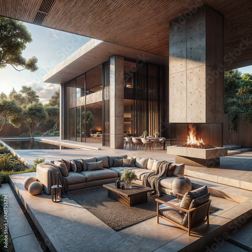 a patio with a couch and a fire place, a digital rendering , shutterstock contest winner, modernism, rendered in unreal engine, unreal engine 5, matte background