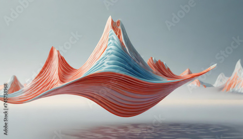 Three dimensional render of colored waves floating against pink background, 3D render photo