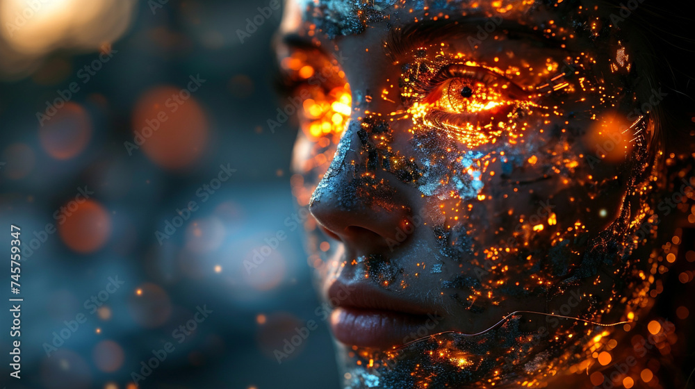 Security concept of person analysis with face scanning. Intellect, vision, ideas, AI learning for future abstract brainstorming background. Futuristic technological neural artificial intelligence. - obrazy, fototapety, plakaty 
