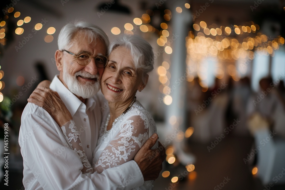 Beautiful senior couple hugging each other in a room Beautiful senior couple hugging each other in a room