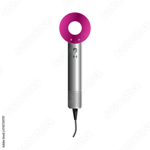 Realistic hairdryer for hairdresser salon, barbershop or home usage.3d vector illustration. Dyson hairdryer..