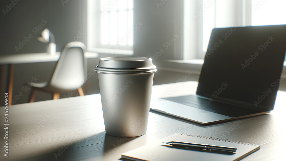 blank coffee cup mockup positioned on a modern, minimalist office desk blank coffee cup mockup positioned on a modern, minimalist office desk
