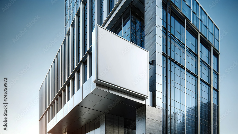 Fototapeta premium Elegant white rectangular sign positioned above the entrance of a contemporary business center