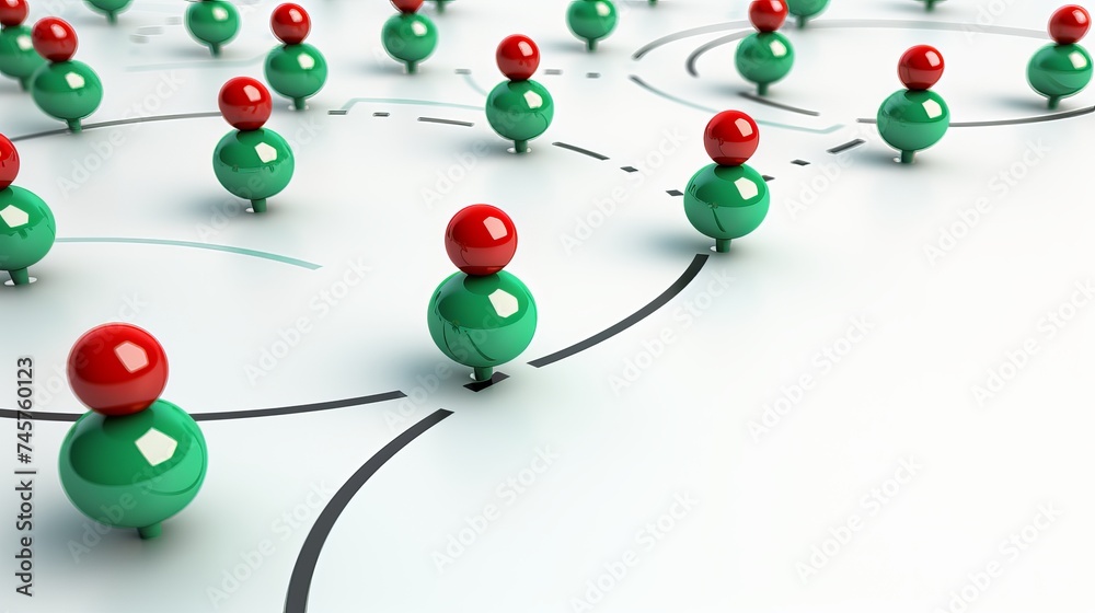 Obraz premium Point-to-point travel route with red thumbtacks and green arrows