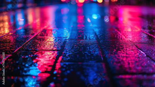 Vibrant Neon Reflections on Wet City Street Pavement at Night with Glowing Urban Lights