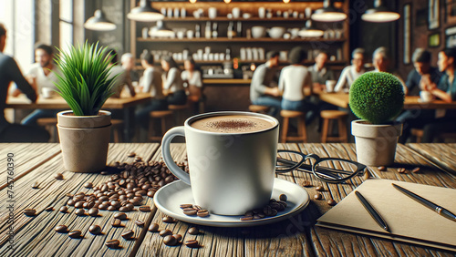 blank coffee cup mockup placed in the center of a lively surrounded by coffee beans