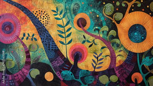 Abstract Vibrant Textured Tapestry with Whimsical Nature Patterns and Organic Shapes in a Colorful Artistic Background