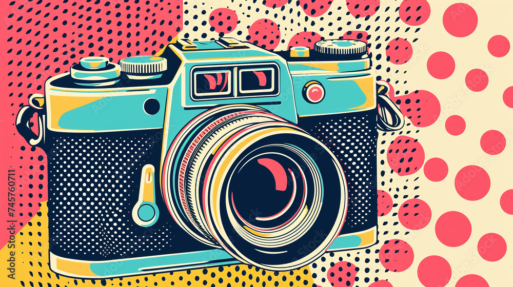 Obraz premium Retro Style Camera Illustration with Vibrant Pop Art Background and Polka Dots Design