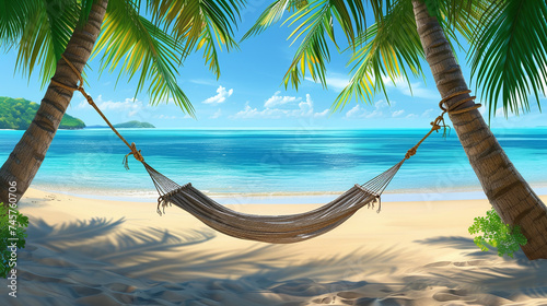 Relaxing Beach Hammock Between Palm Trees with Serene Tropical Island View