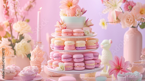 Pastel Macaron Tower with Elegant Flowers and Candles Perfect for Birthday Party or Wedding Reception Dessert Table Display