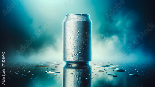 blank soda can mockup, covered in condensation and water droplets