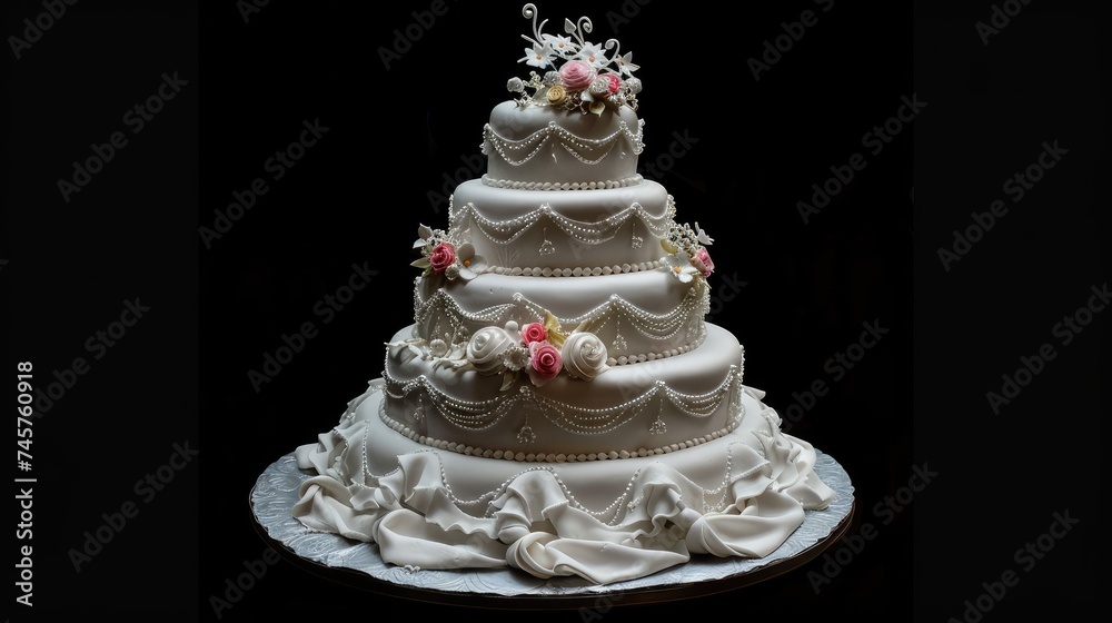 Fototapeta premium Delicious multi-tiered wedding cake isolated on black background. Generative AI